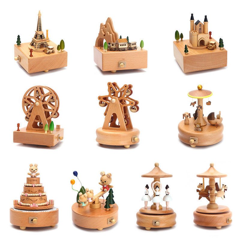 Unique Cute Wooden Hand Cranked Music Box Creative Carousel Teddy Bear Toy