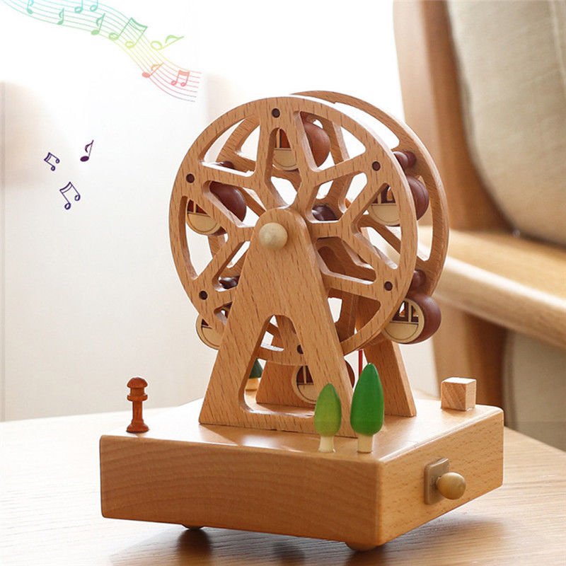 Unique Cute Wooden Hand Cranked Music Box Creative Carousel Teddy Bear Toy