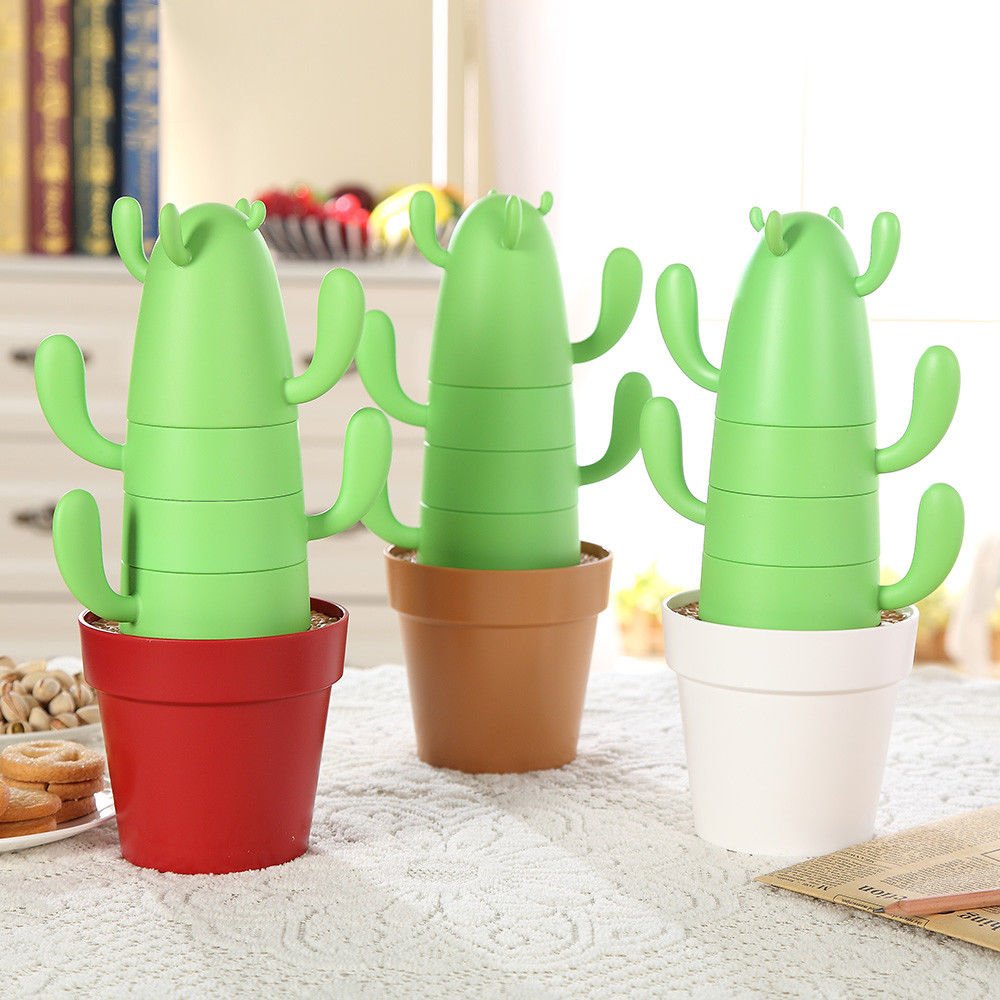 4 pieces set Stackable Cactus Plant Mugs for Coffee Tea With Spoons