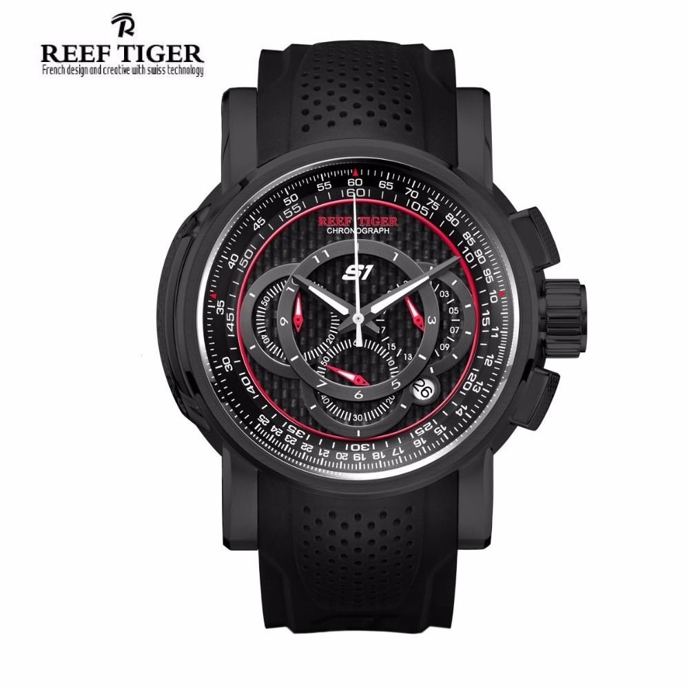 Reef Tiger Outdoor Sport Quartz Watch with Chronograph Date Black Steel Rubber