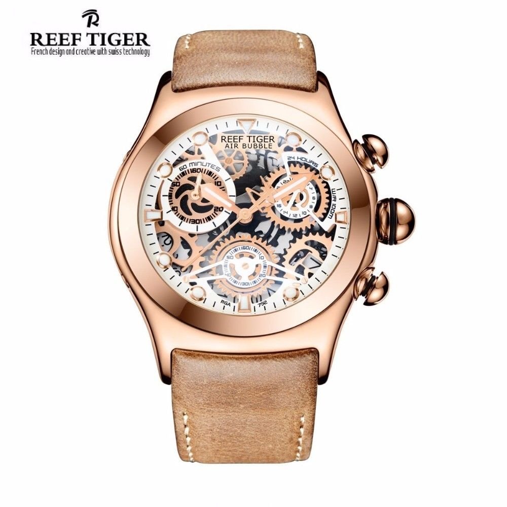 Reef Tiger/RT Chronograph Sport Watch Leather Band Men Skeleton Dial Date
