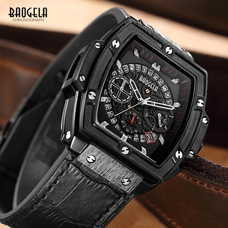 Baogela Leather Mens Rectangle Chronograph Luminous Calendar Quartz Wristwatch