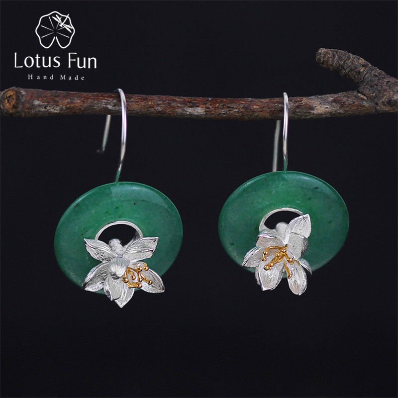 925 Sterling Silver Natural Stone Drop Earrings Handmade Flower Green Aventurine