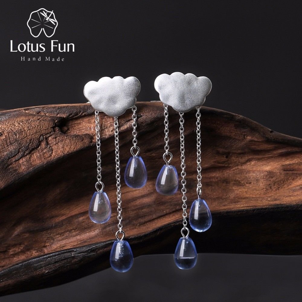 925 Sterling Silver Handmade Rain Drops Cloud Crystal Drop Earrings