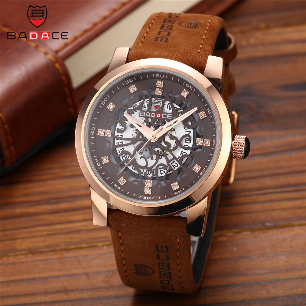 BADACE Men Quartz Watch Luxury Genuine Leather Strap Crystals