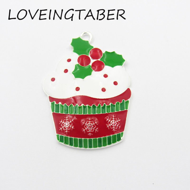 10pcs/lot Silver Color Christmas Cupcake Metal Enamel Alloy Pendant Jewelry Bead