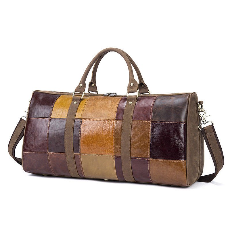 Genuine Leather Patchwork Travel Bag Multi Color Messenger Vintage Handbag 50cm