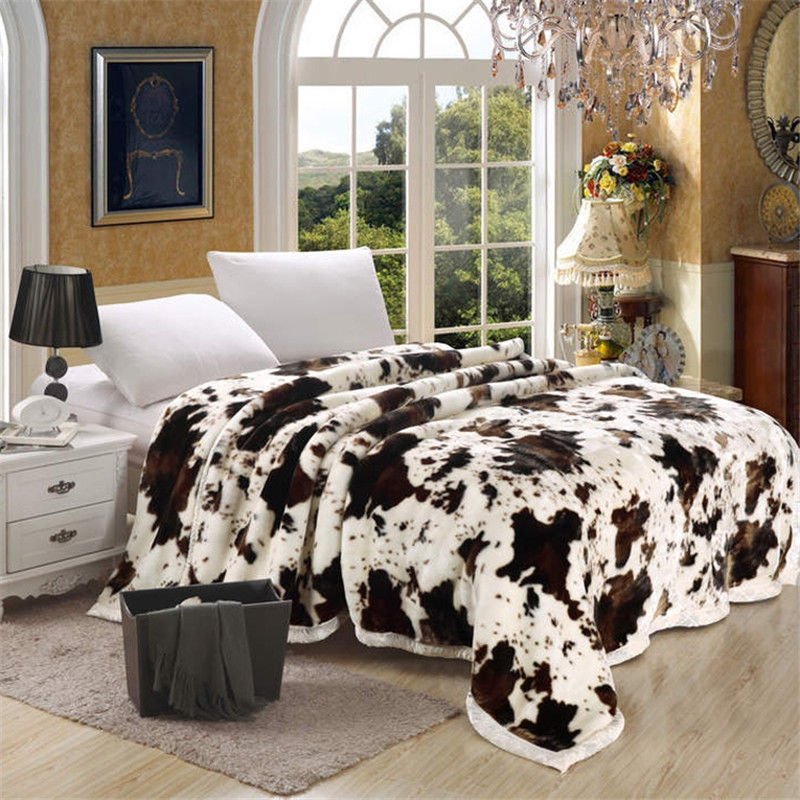 Soft Warm Blanket Cow Flower Mink Leopard Print Double Layer QueenKing