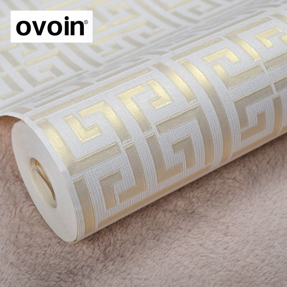 Greek Key Pattern Geometric Metallic Wallpaper Roll Teal white Black Silver Gold