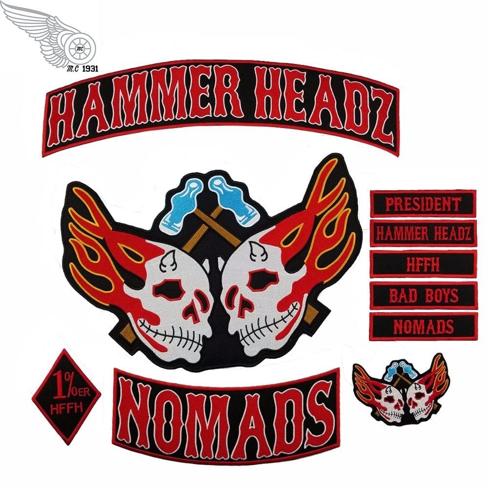 10pcs SET HAMMER HEADZ 1% HFFH BLACK FABRIC EMBROIDERY IRON ON JACKET BACK PATCH