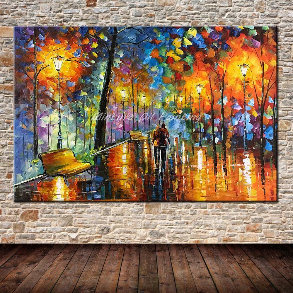 Large Hand Painted Lover Rain Street Tree Lamp Landscape Oil Painting On Canvas