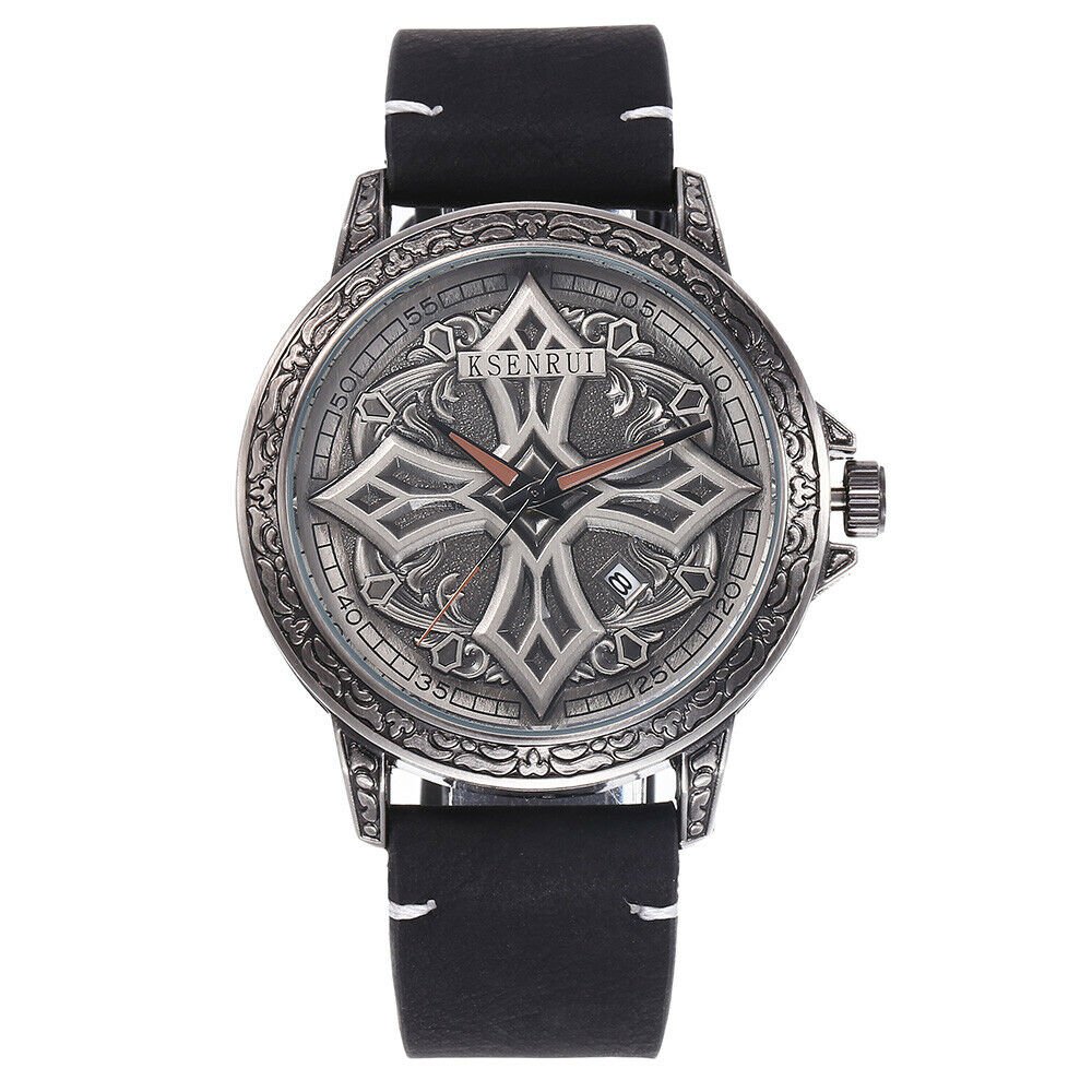 Unique Leather Band Watch Men Carved Antique Cross Wristwatch Montre Homme