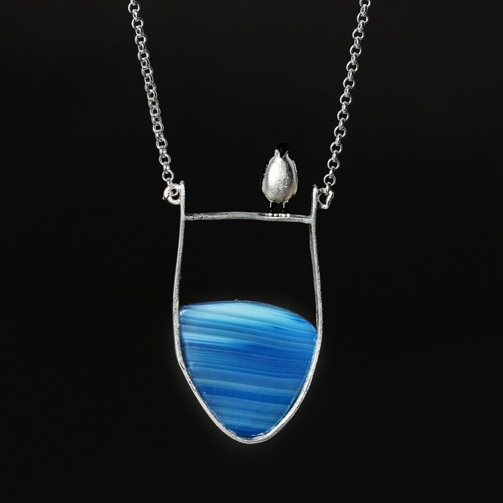 Sterling Silver Natural Blue Agate Stone Penguin Ocean Necklace With Pendant
