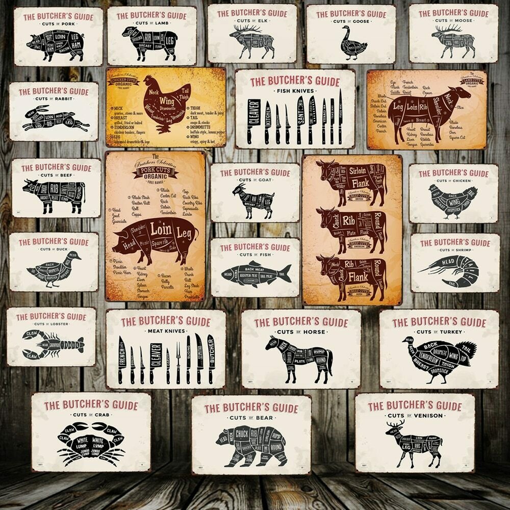 'Meat Collection' CUTS BUTCHER GUIDE BEEF PIG Retro Wall Plaque Metal Painting