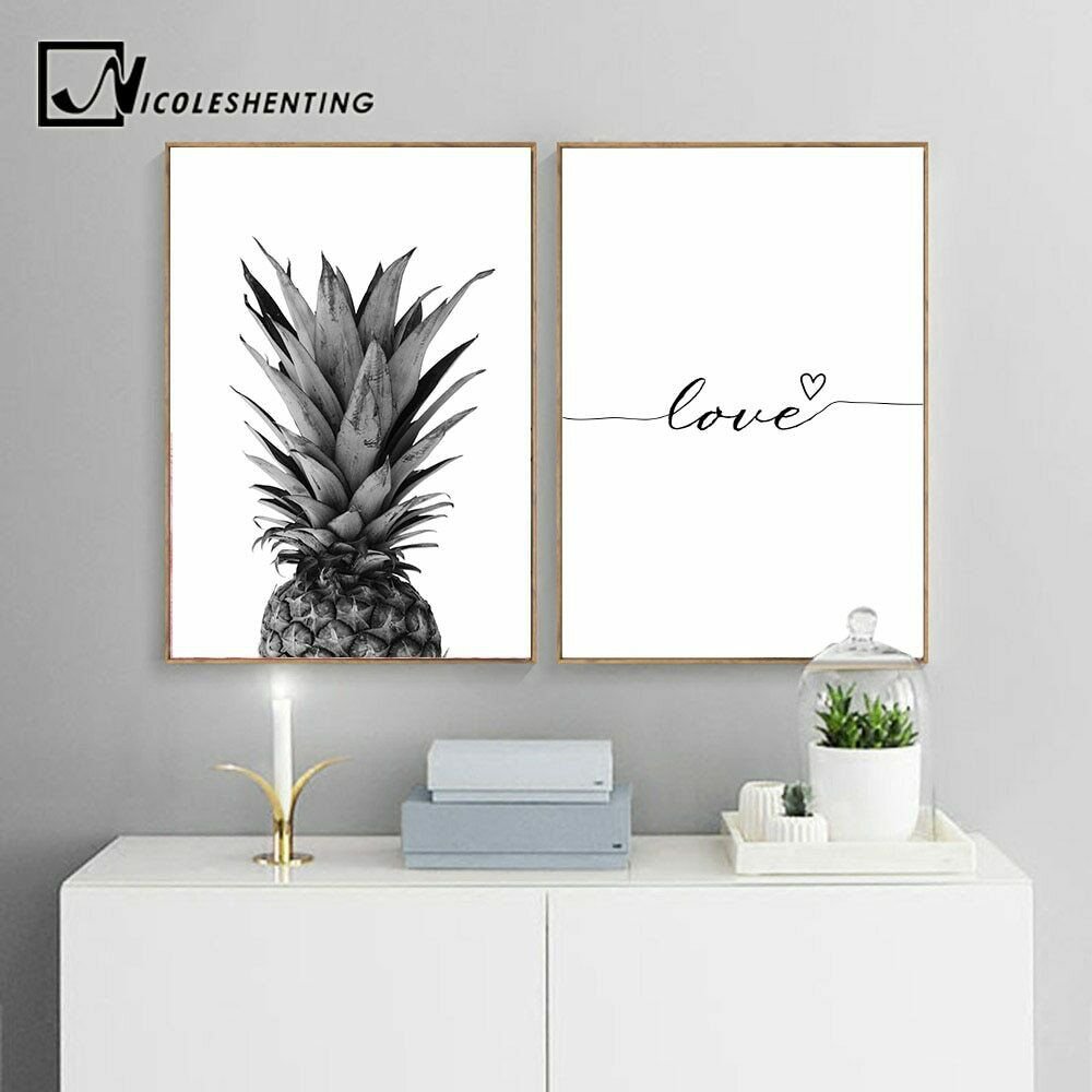 Pineapple Wall Art Canvas Poster Prints Nordic Love Heart Quote Black White