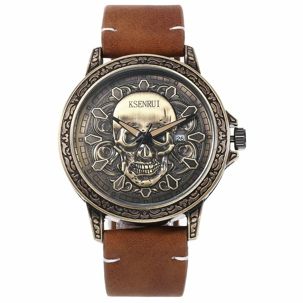 Unique Leather Band Waterproof Mens Metal Skull Watch Wristwatch Skeleton