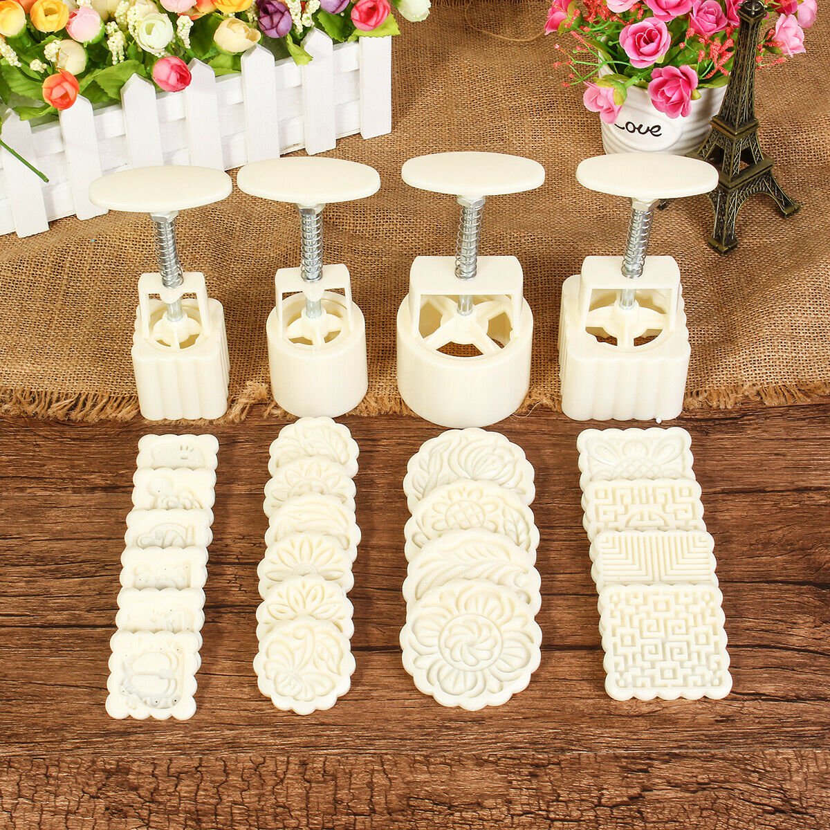 4 Sets Mooncake Pastry Press Mold 100g 50g DIY Flower Pattern Mould Decor w/ 20