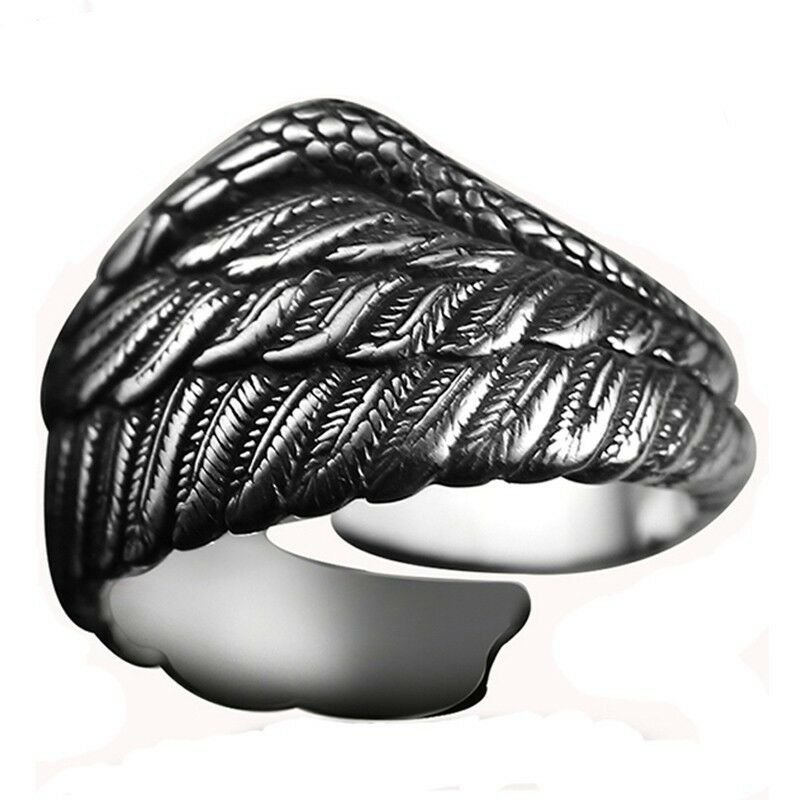 Vintage 925 Silver Ring Adjustable Eagle Wing Feather Retro Black Biker Unisex