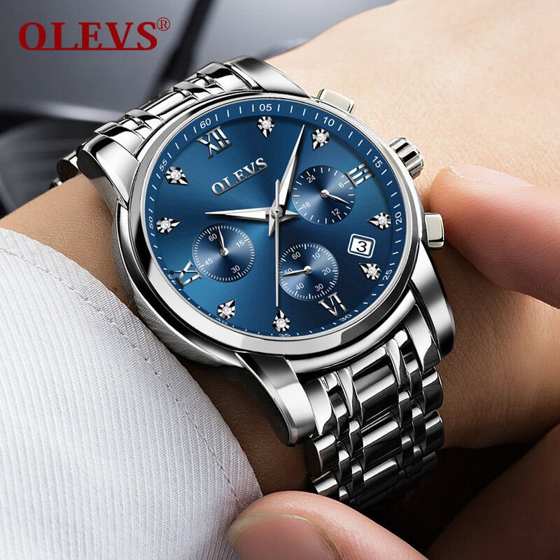 Men Luminous Luxury Chronograph Stainless Steel Wrist Watch Elegant Wristwatch