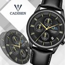 CADISEN Mens Watch Luxury Moon Phase Waterproof Leather Band Date