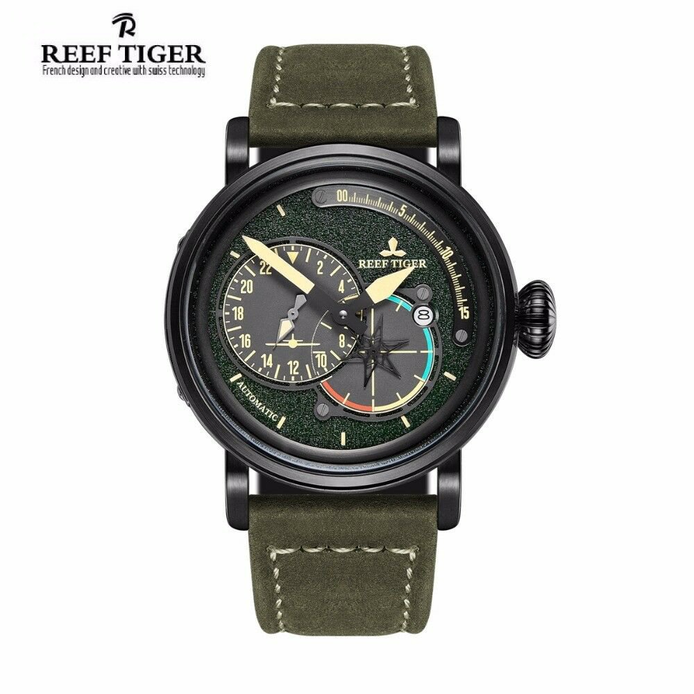 Reef Tiger Military Automatic Self-Wind Pilot Watch Genuine Leather Sapphire