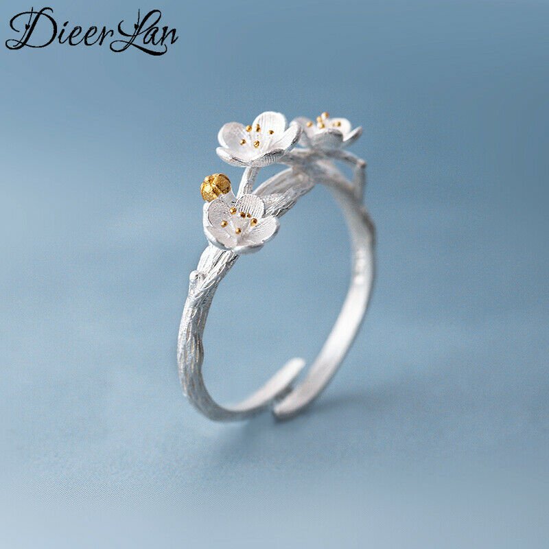 Pure 925 Sterling Silver Cheery Flower Rings Adjustable Size