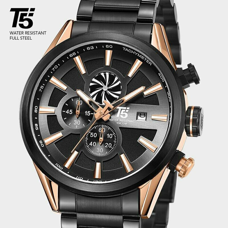 T5 Luxury Black Rose Gold Male Military Quartz Chronograph Waterproof 46mm Dial