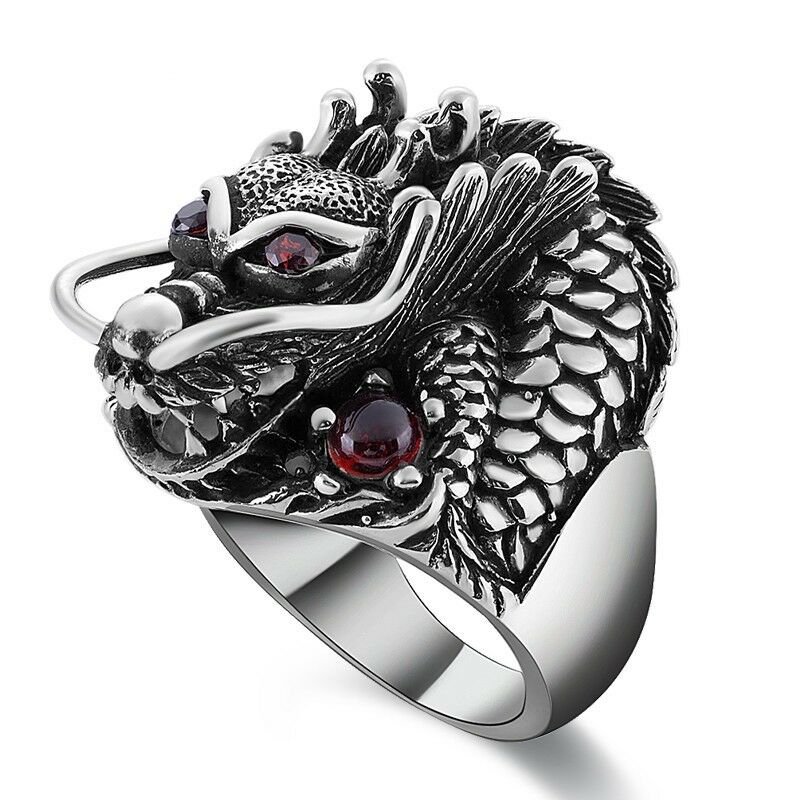 925 Sterling Silver Dragon Red Zircon Eye Vintage Punk Retro Men Ring sizes 7-13