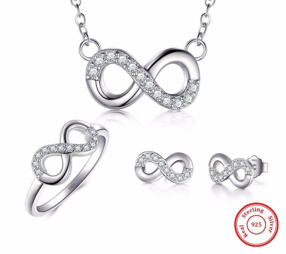 Sterling Silver Jewelry Set Infinite Love Ring Stud Earrings Necklace Chain Gift