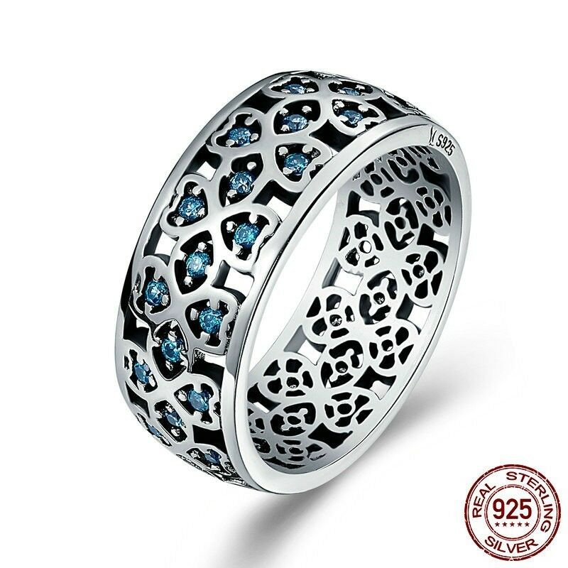 Sterling Silver Openwork Lucky Clover Blue Zircon Stone Ring Gift For Women Girl