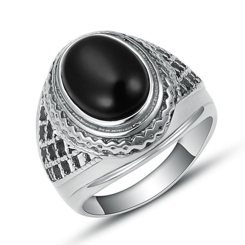 Fashion Stainless Steel Women Black Agate Finger Ring Cocktail Jewelry ...