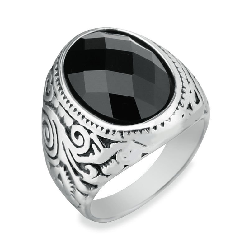 Fashion Stainless Steel Black Oval Agate Stone Men's Finger Ring Size 9 ...