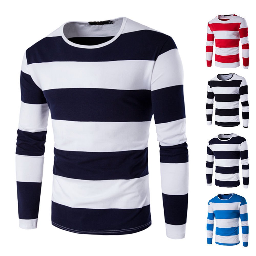 Fashion Men's Classic Black+White Striped T-Shirt Simple Long Sleeve