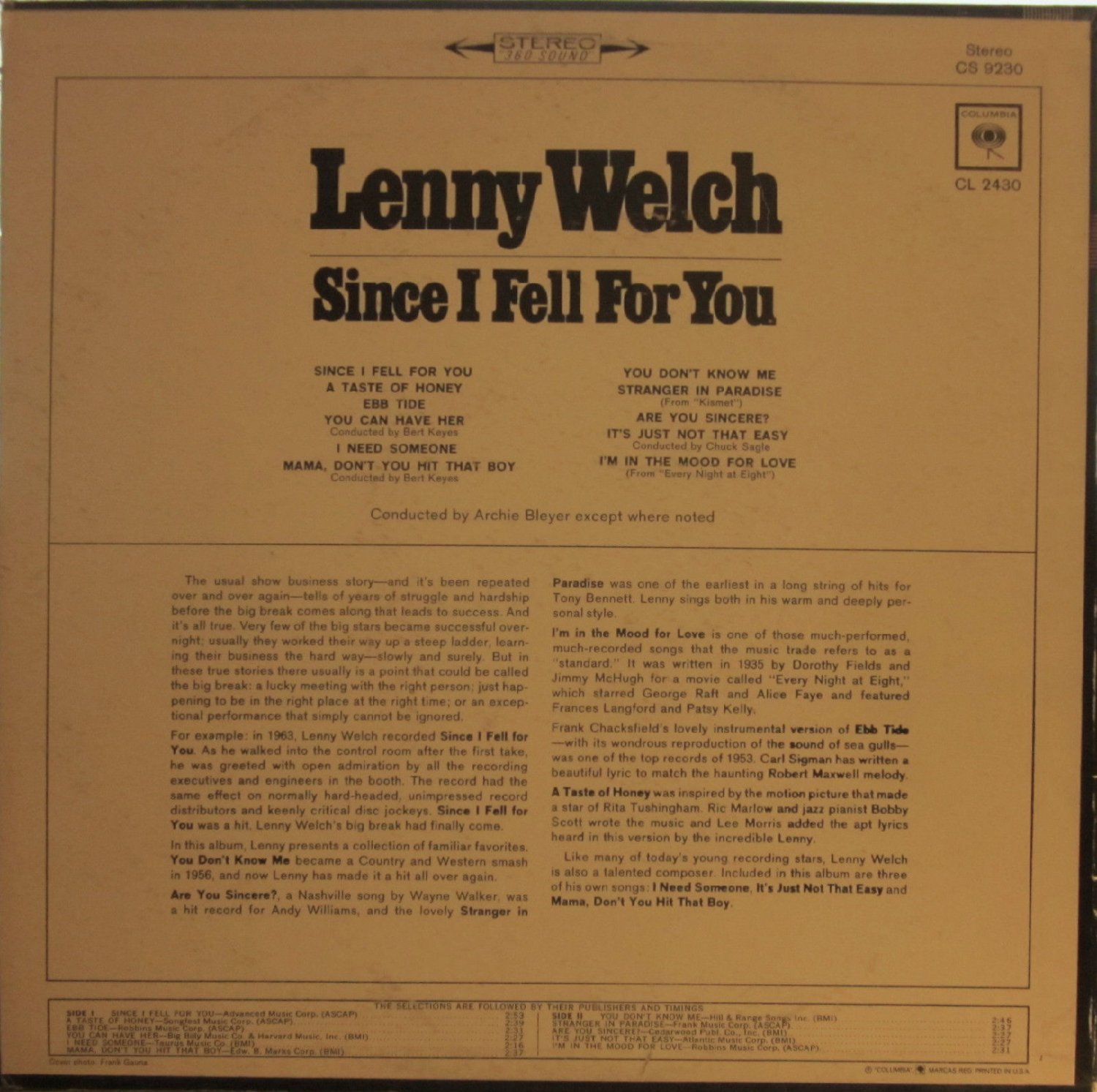 Lenny Welch Since I Fell For You 360 Columbia 9230 Stereo Pl 65 