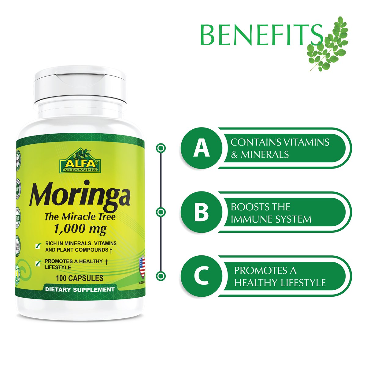 Alfa Vitamins ,Moringa 1000 mg - 100 capsules , (2 Bottles,200 caps)