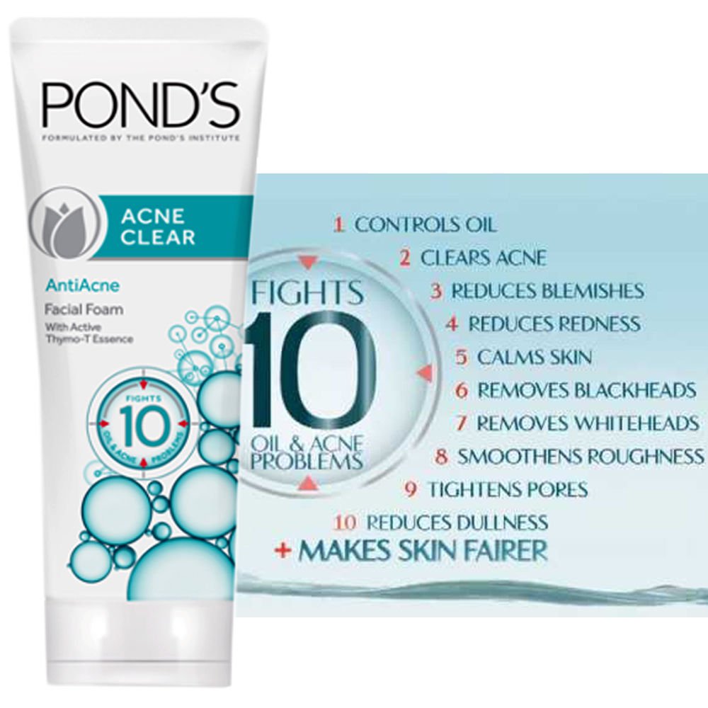 Pond's Facial Acne Clear Anti Acne White Active Foam Cleanser 100 g.+Free ship