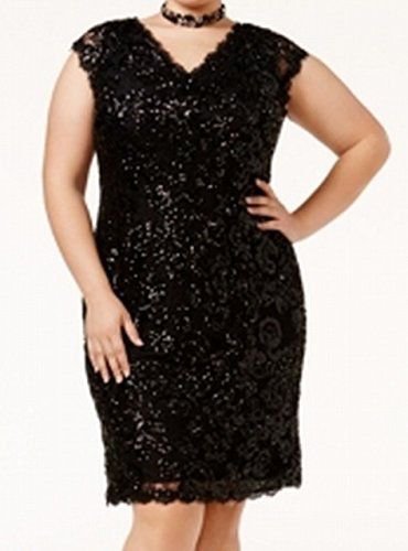 Betsy Adam Plus Size Sequined Lace Sheath Black Sequin 14W