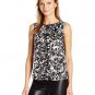 Nine West Women's Printed Prima Pleat Neck Cami, Black/Ivory, Large