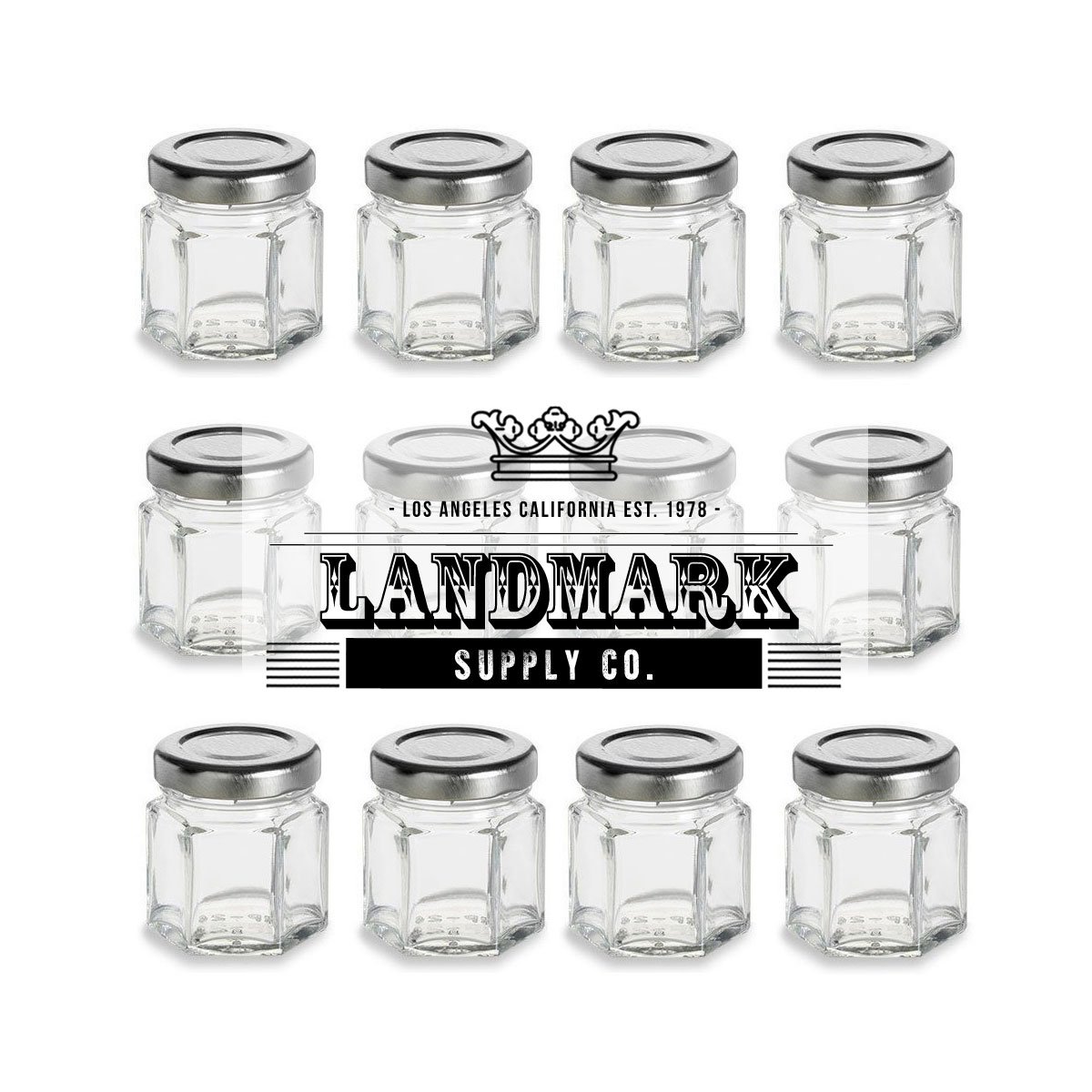 Small Glass Favor Jars Hexagon with Silver Lid 1.5 oz 12Pack