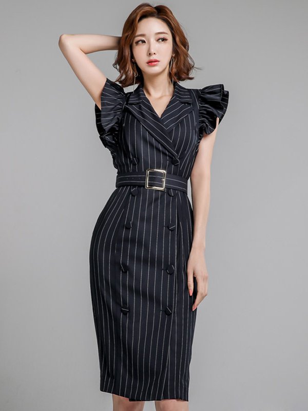 Elegant Striped Cap Sleeve Dress