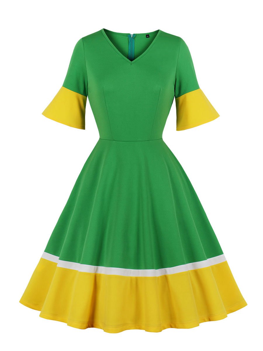 V Neck Contrast Color Large Hem Ladies Dress