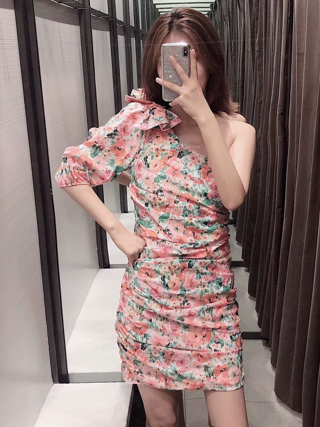 Inclined Shoulder Bow Decor Flower Print Summer Dress