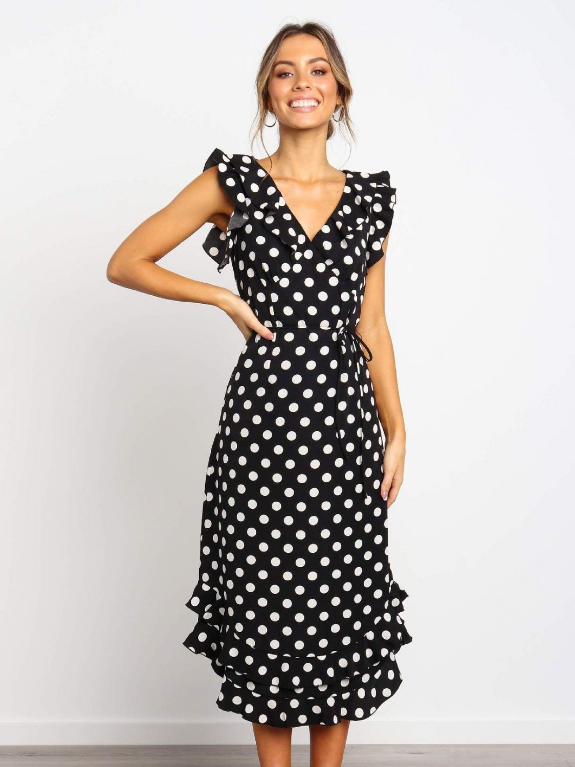 V Neck Ruffle Polka Dots Women Dresses