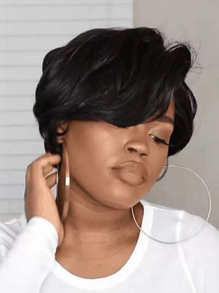 High Temperature Fiber Side Bang Black Curly Wig For Women