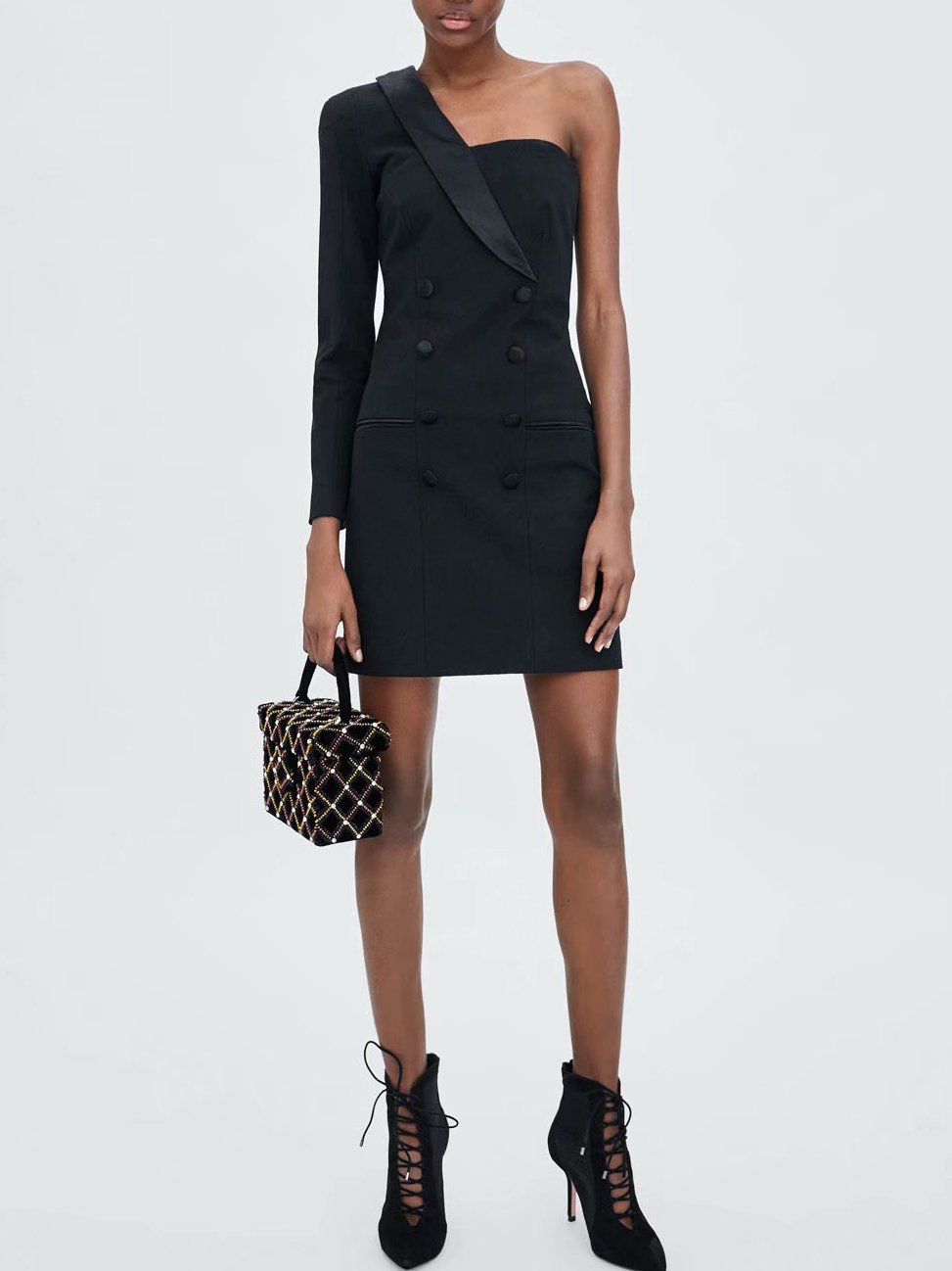 Double-Breasted One Shoulder Black Long Sleeve Dress