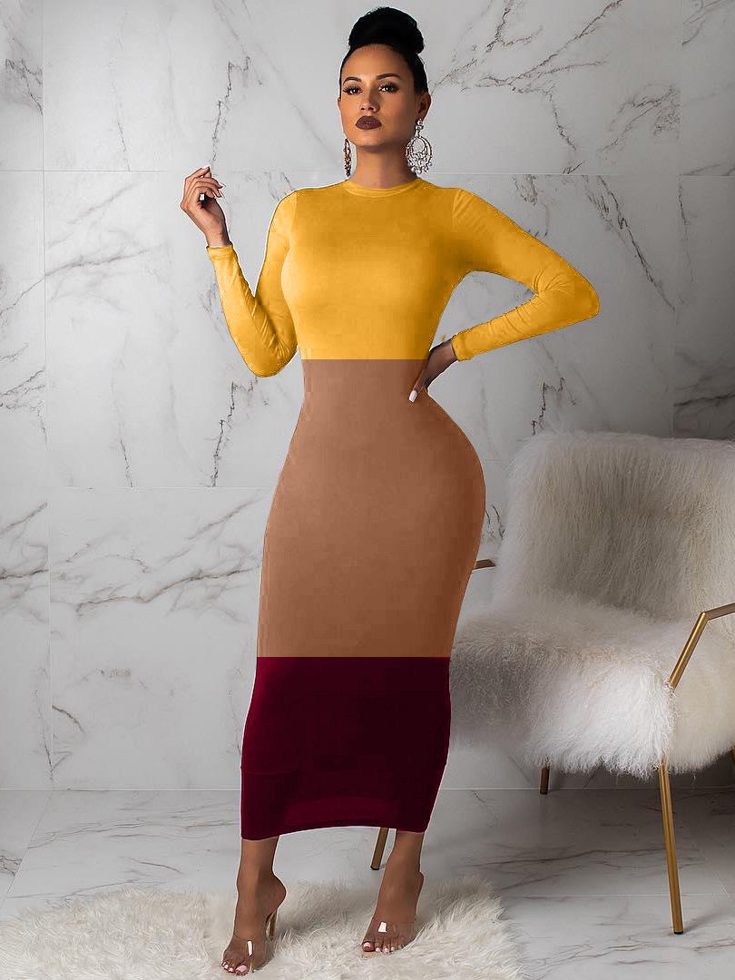 Contrast Color Long Sleeve Fitted Maxi Dress