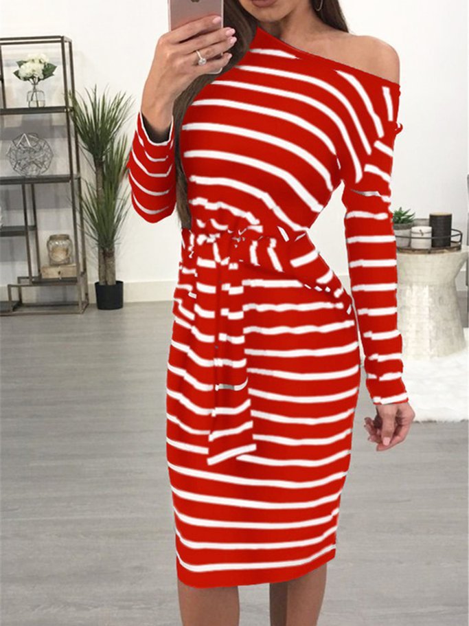 Crew Neck Tie-Wrap Long Sleeve Striped Dress