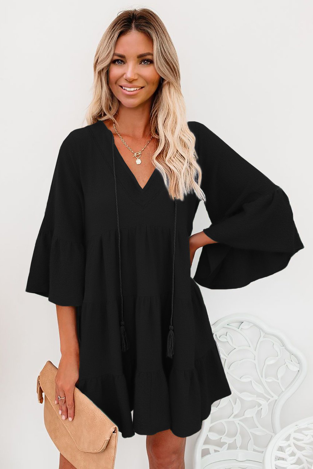 Black Cotton Tiered Babydoll Tunic Dress