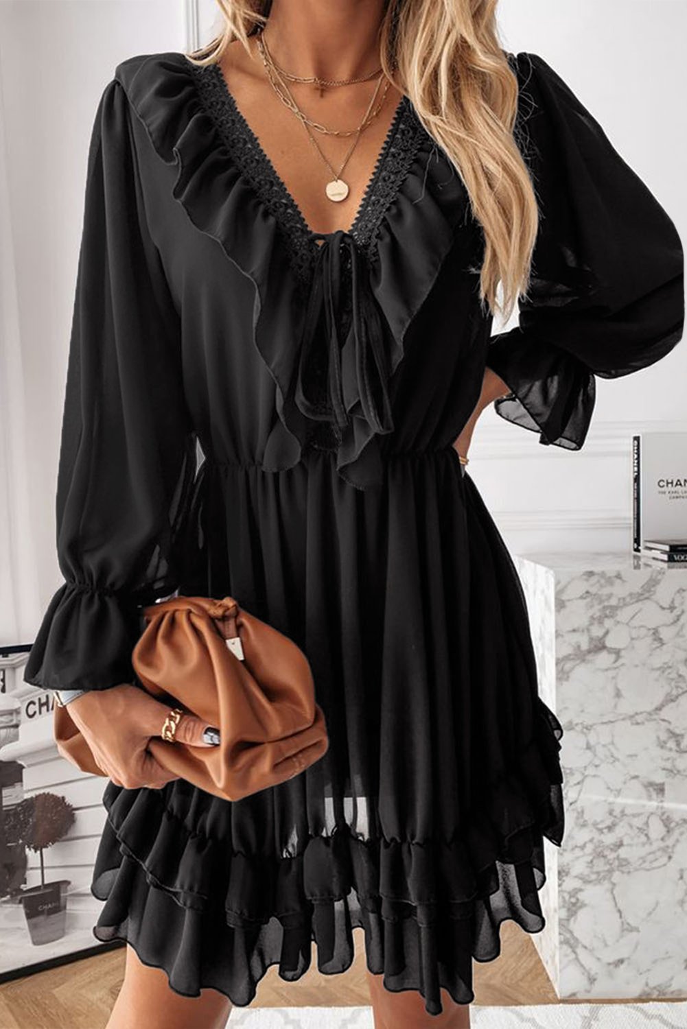 Black Lacy V Neck Ruffled Mini Dress
