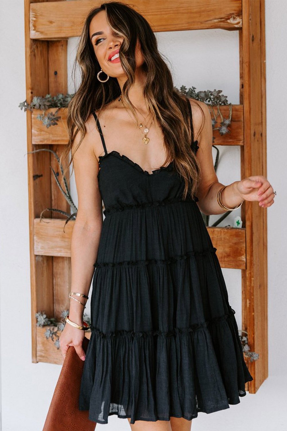 Black Spaghetti Straps Ruched Ruffled Mini Dress 